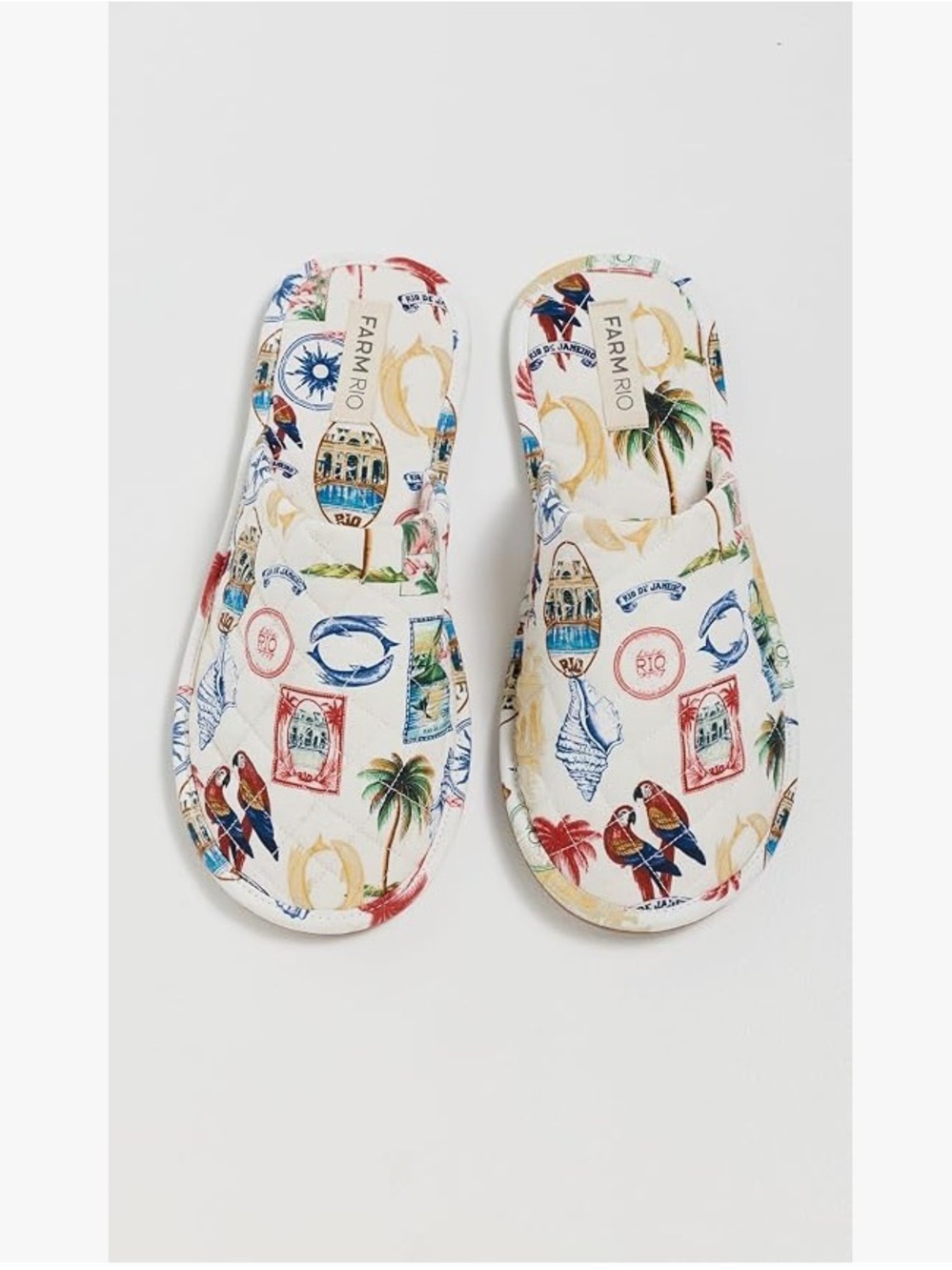FARM Rio Anthropologie Cream Slip-On Slippers with Multicolor Tropical Vintage